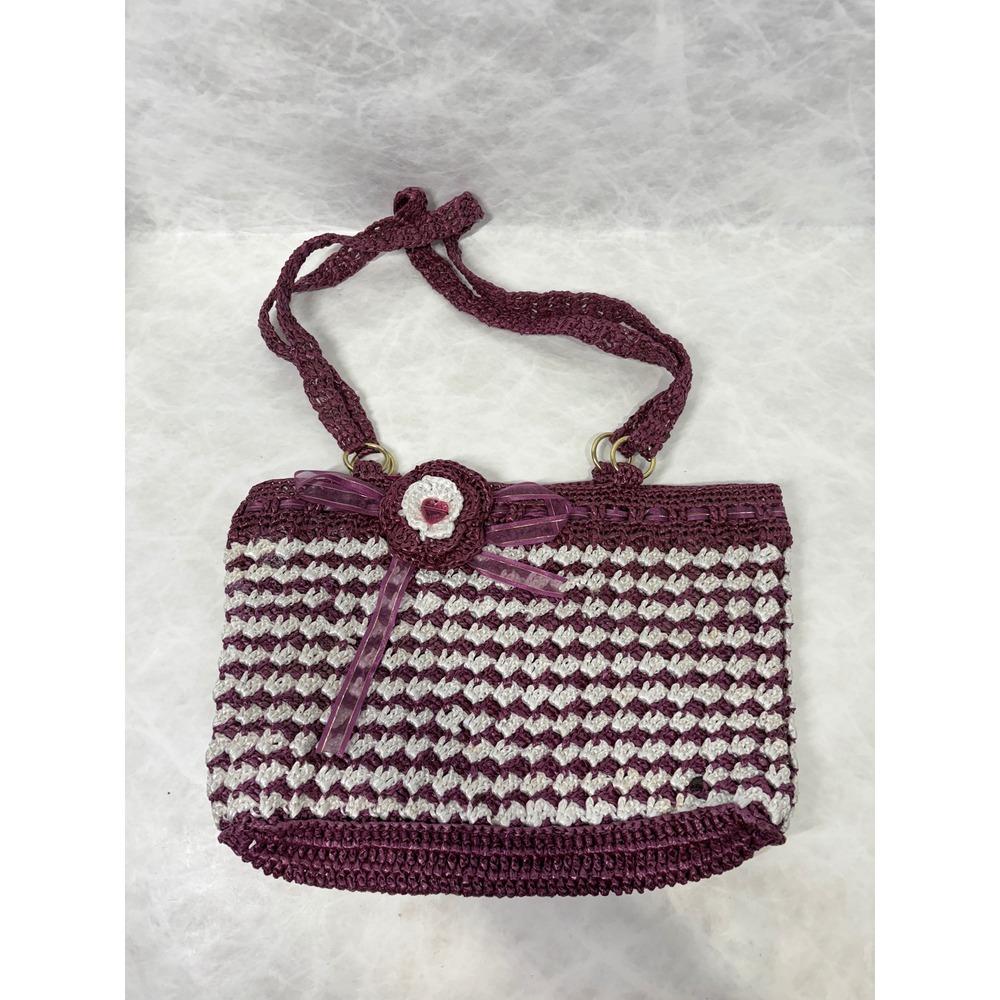 Vintage Handmade Purple White‎ Crochet Nylon Tote Bag Floral Heart Detail Boho